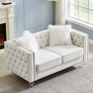 60"  Sofa, Velvet  Upholstered Loveseat Sofa with 2 Throw Pillows and Acrylic Legs, Nailhead Button Tufted Vintage Couch for Living Room, Apartment, Beige