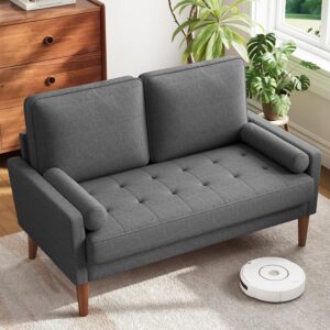 Loveseat Sofa with Solid Wood Legs, 48" Small Couches for Small Spaces, Love Seat for Living Room, Bedroom, Easy Assembly  Couch with Throw Pillow for Apartment, Grey