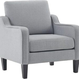 Mid-Century Upholstered Accent Chair, Light Grey Fabric Armchair with Curved Arms for Living Room, Bedroom, Office and Studio