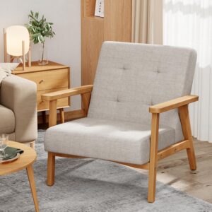 Mid-Century Upholstered Accent Armchair, Modern Wood Frame Lounge Seat for Living Room, Bedroom and Reception Areas
